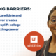 The image features Natalya Green, a young woman with short hair and glasses, smiling at the camera. She is dressed in a dark blazer with red and white stripes. To the left, large bold text reads: "BREAKING BARRIERS: UF doctoral candidate and cancer survivor creates nonprofit to uplift college students battling cancer." Below the text is the University of Florida College of Education logo in orange.