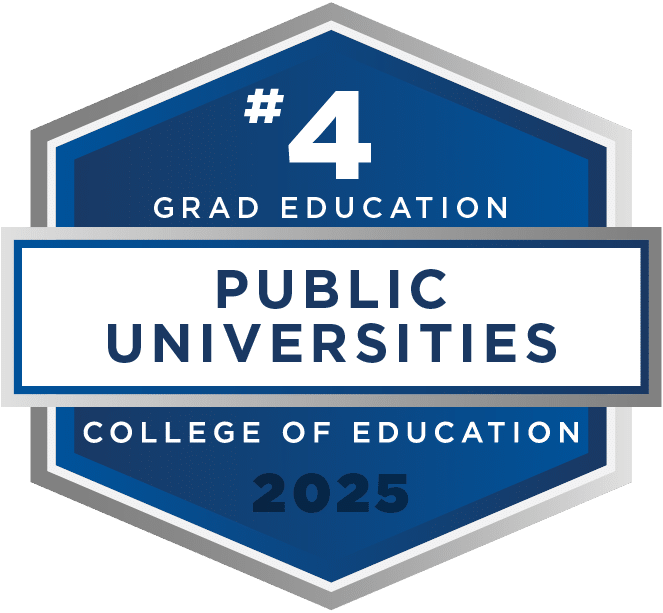 UF badge for being ranked number 8 among public colleges of education by US News and World Report