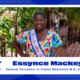 Essynce Mackey smiles on the staircase overlooking the Norman Courtyard outside the Education Library. The background of the image is blue, with embellishments in the UF Momentum Style. On the picture, it says, "Essynce Mackey, Student Personnel in Higher Education M.A. Student."