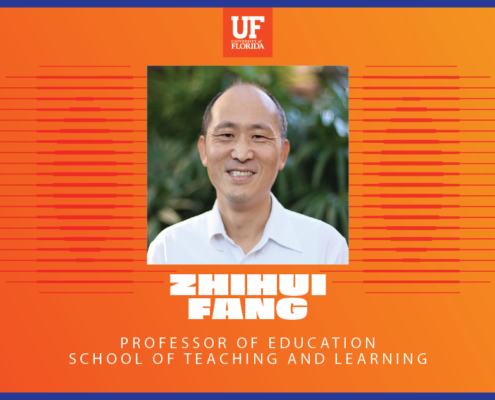 Headshot of Zhihui Fang in a UF Momentum Branding graphic. It includes his job title "Professor of Education, School of Teaching and Learning."