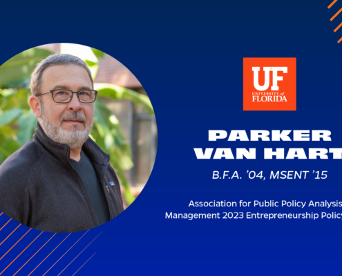 This is a graphic image of a person’s headshot with their name and credentials on a blue background with orange accents in the UF momentum style. Their name is Parker Van Hart are the Entrepreneurship Policy Fellow for the Association for Public Policy Analysis & Management in 2023. Van Hart has a Bachelor of Fine Arts degree from 2004 and a Master of Science in Entrepreneurship degree from 2015, both from the University of Florida.