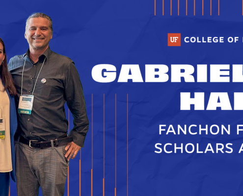 The image is a graphic featuring a cutout photo of Gabriella Haire and Bojan Lazarevic. The background is dark blue with vertical orange lines underneath and around the cutout. On the right side of the image, there’s an overlay of white text that reads “GABRIELLA HAIRE” in all caps, and below the name, smaller text states “FANCHON F. FUNK SCHOLARS AWARD.” On the top right corner, there’s a logo for the University of Florida College of Education.