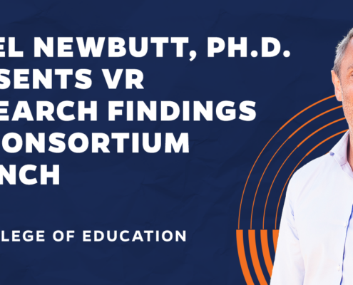 A blue background with white text that reads "Nigel Newbutt, Ph.D. Presents VR Findings at Consortium Launch." with the College of Education logo on the bottom and a headshot of Newbutt on the right.