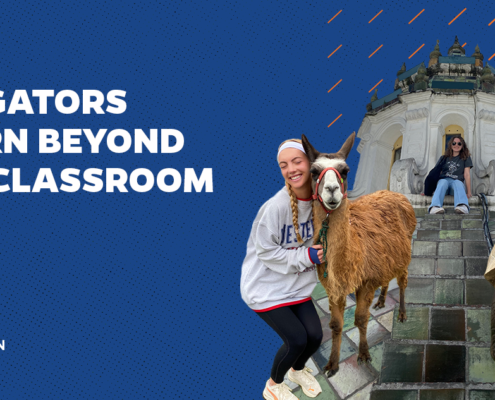 Three images of female students traveling edited on a blue background that says "Edugators Learn Beyond the Classroom" on the left with the UF College of Education logo underneath it.