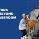 Three images of female students traveling edited on a blue background that says "Edugators Learn Beyond the Classroom" on the left with the UF College of Education logo underneath it.