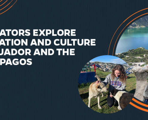 Two pictures of students on the Ecuador study abroad program on top of a blue background. One student is posing in front of a lagoon and the other is petting two dogs. To the left of the photos there is white text that reads, "EduGator Explore Education and Culture in Ecuador and the Galapagos above the UF College of Education logo.