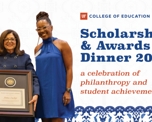 Dean Good, Anita Zucker, and Associate Dean McCray pose with Zucker's Dean's Excellence Award edited onto a white background with the words "Scholarship and Awards Dinner 2024: a celebration of philanthropy and student achievements"