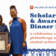 Dean Good, Anita Zucker, and Associate Dean McCray pose with Zucker's Dean's Excellence Award edited onto a white background with the words "Scholarship and Awards Dinner 2024: a celebration of philanthropy and student achievements"