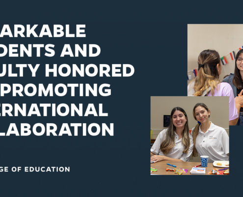 White text on a navy background with two photos of happy students talking to one another. Text reads "remarkable students and faculty honored for promoting international collaboration"