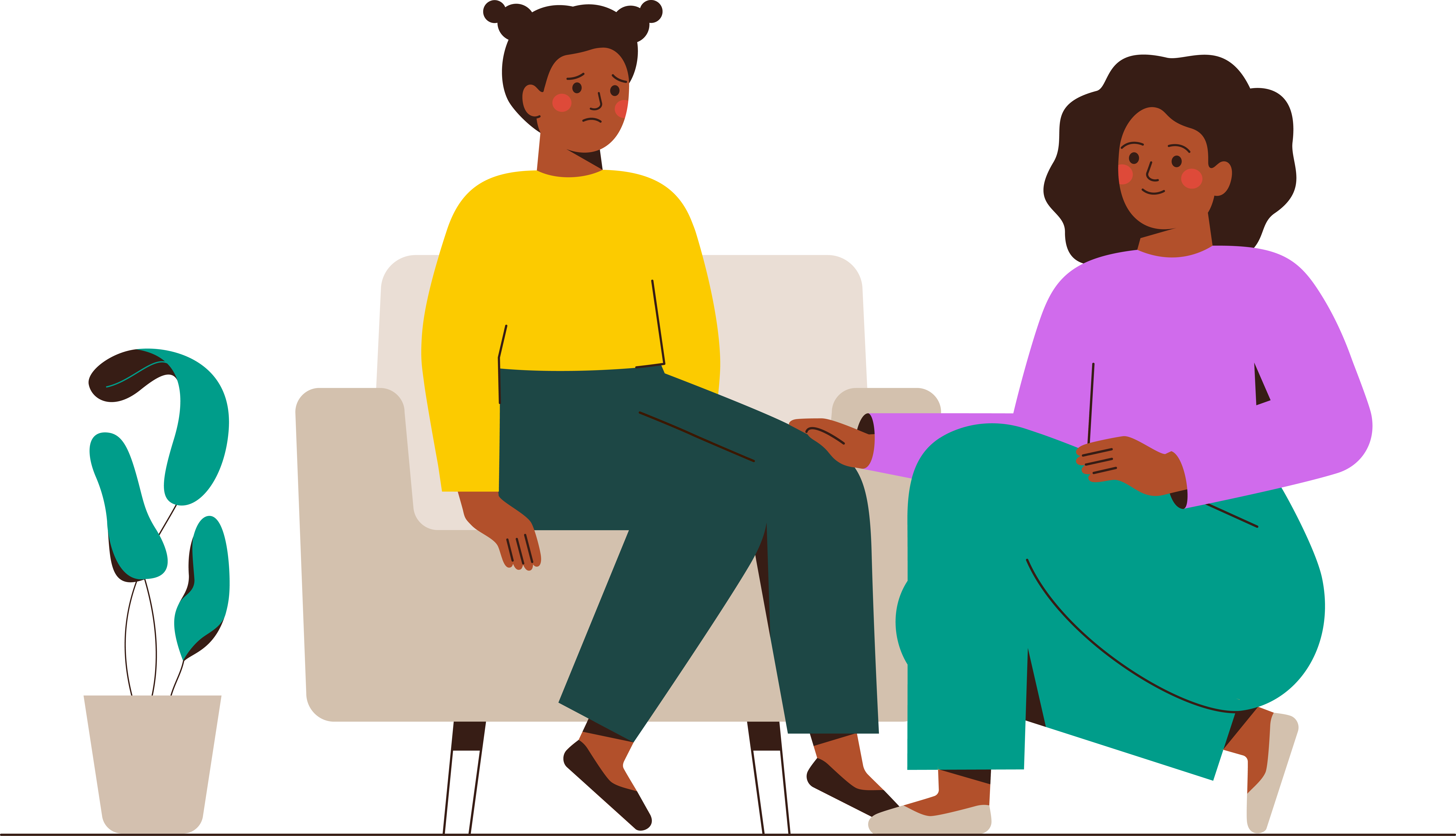 Illustration of woman on couch and another woman kneeling beside