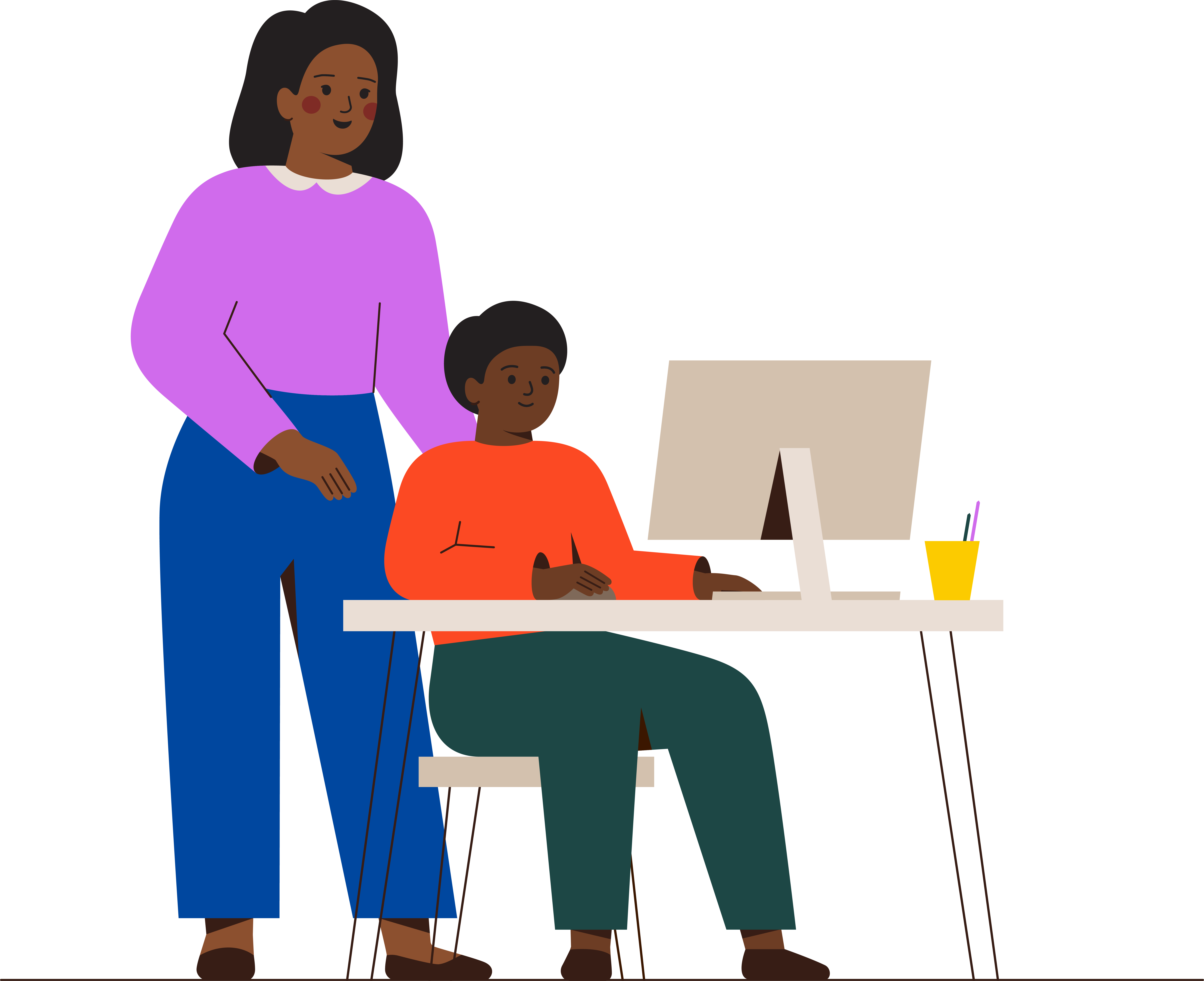A mother and son on a computer together