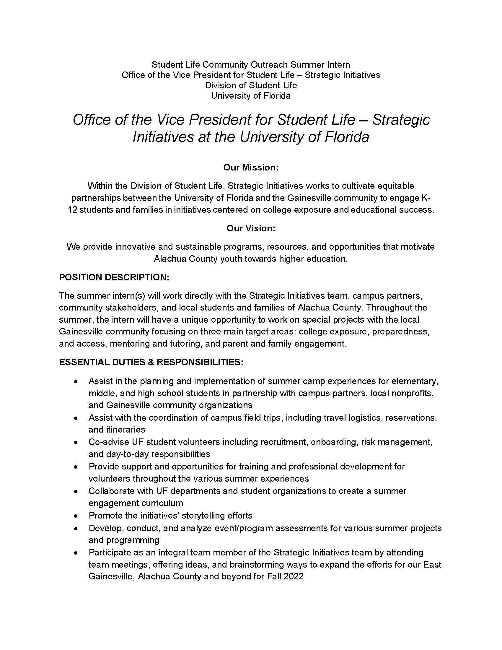 Strategic Initiatives from the Office of the Vice President for Student Life
