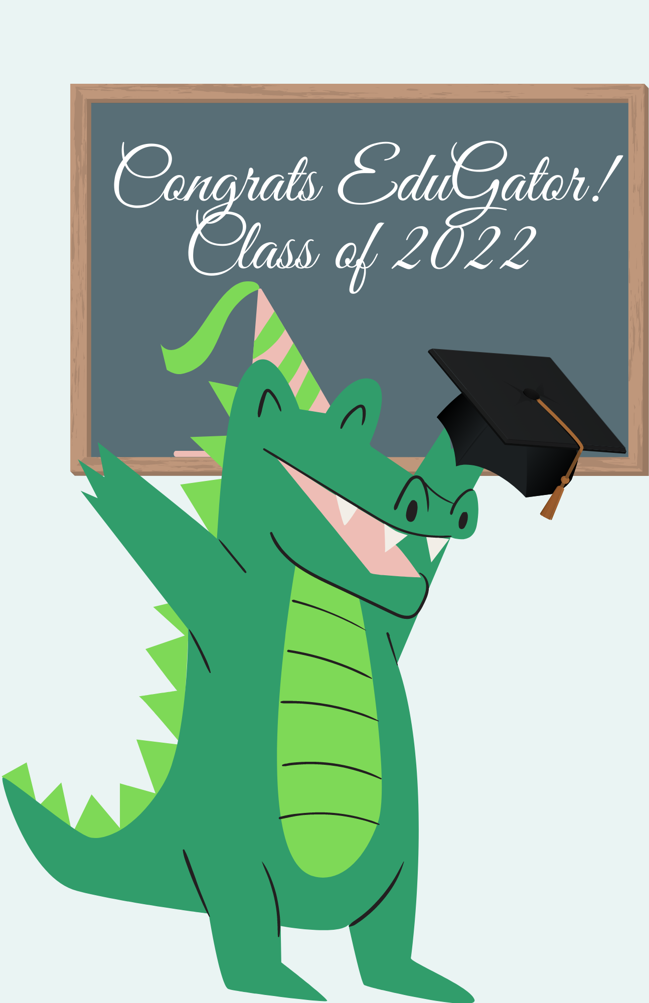 A happy cartoon alligator donning a graduation cap.
