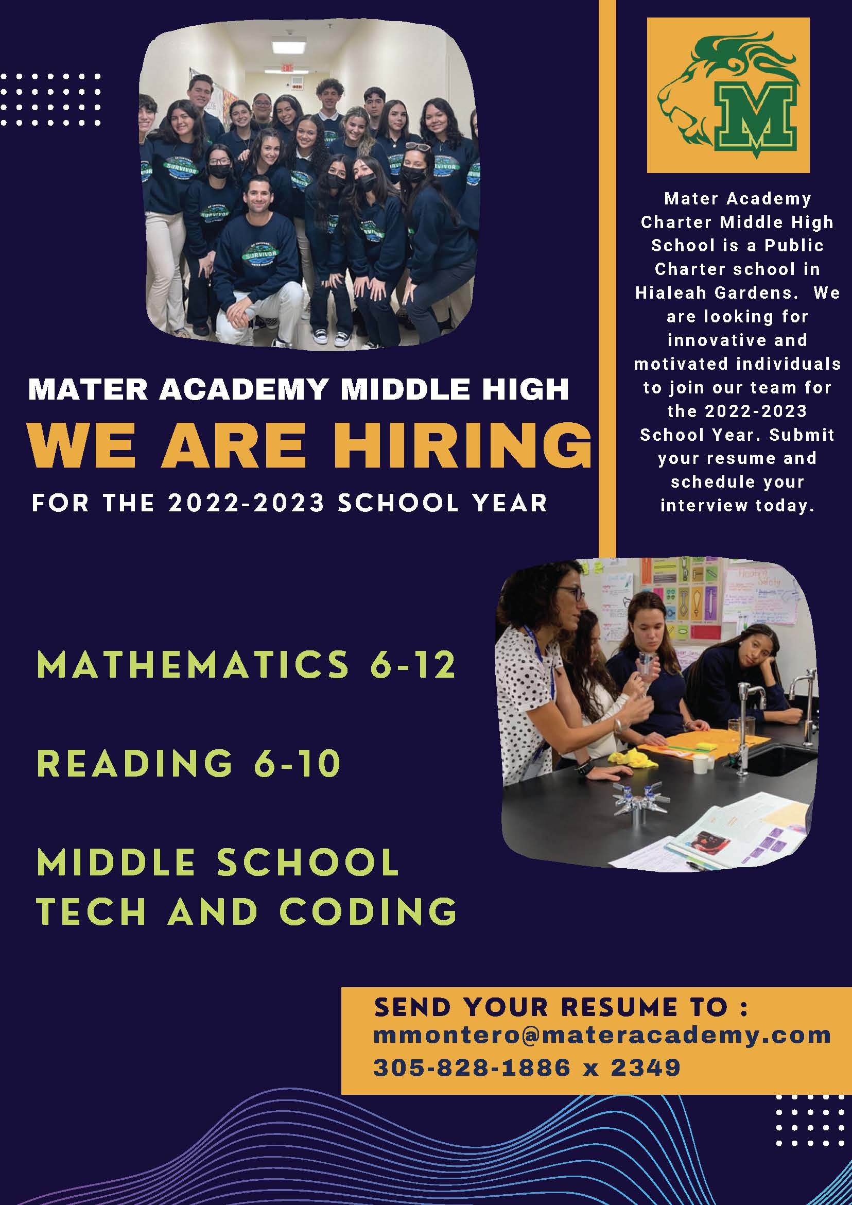 Mater Academy Middle High - Hiring Flyer for 2022-2023
