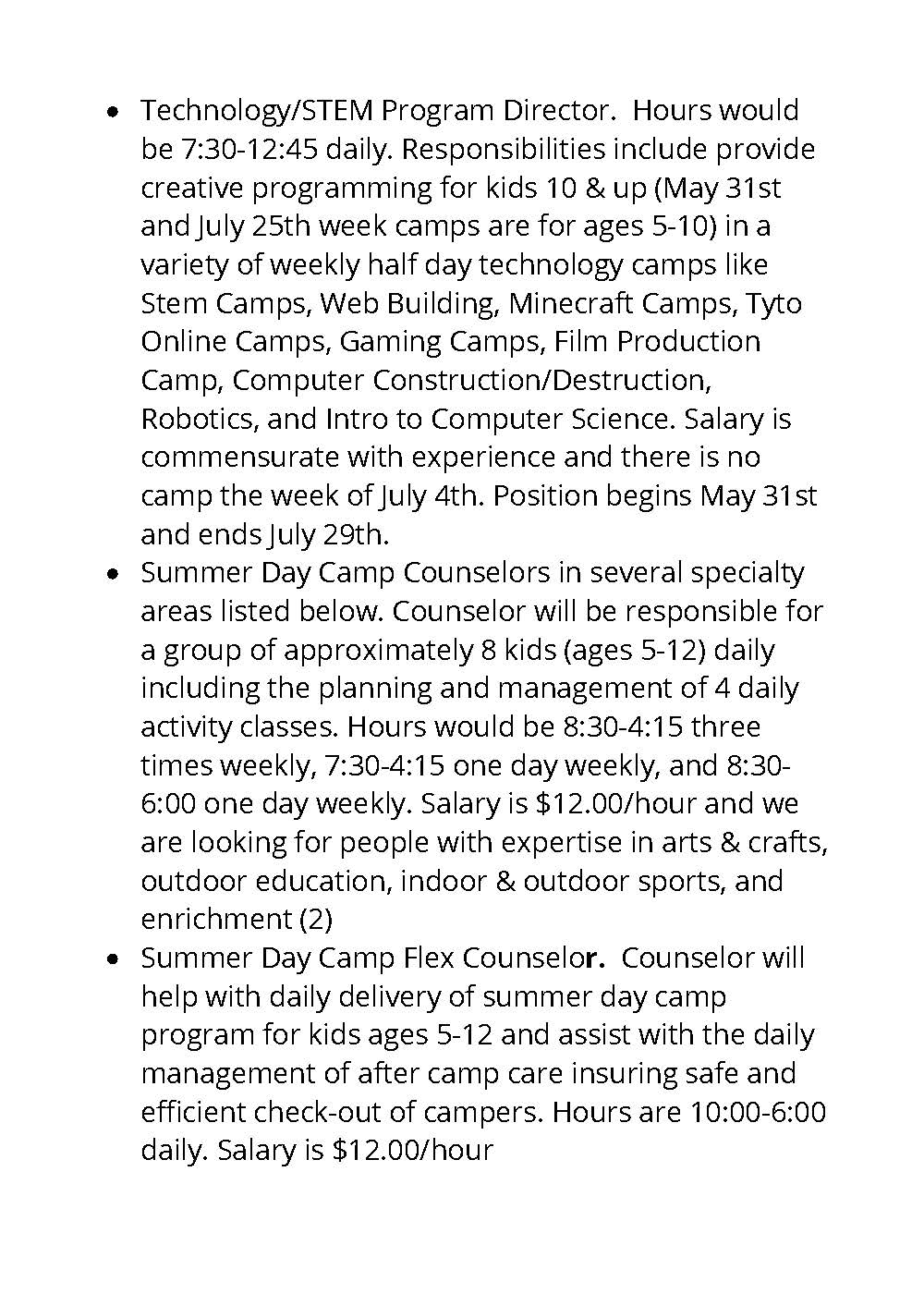 Hiring: Technology/STEM Program Directory, Summer Day Camp Counselors, Summer Day Camp Flex Counselors