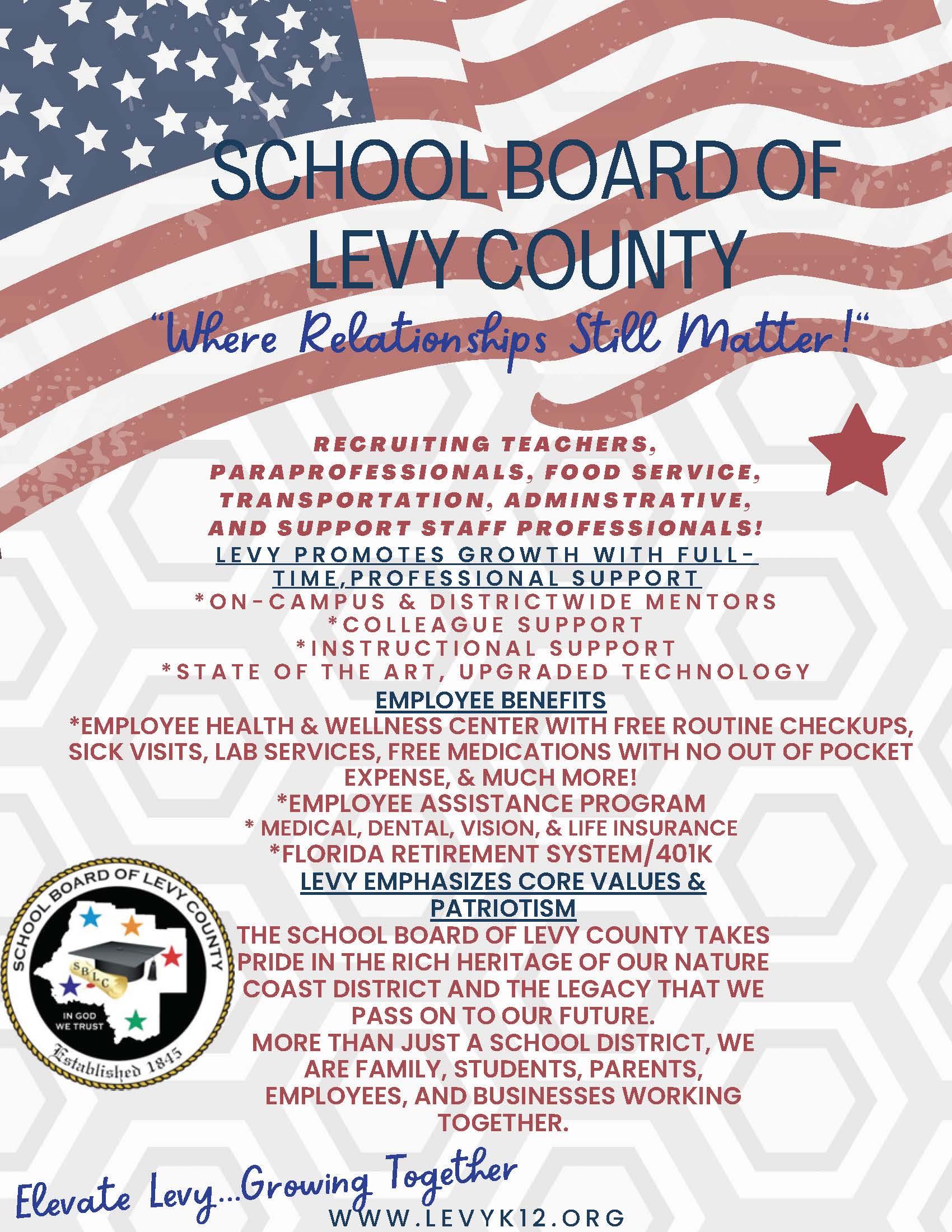 School Board of Levy County - Recruiting Teachers, Paraprofessionals, food service, transportation, administration, and support staff professionals