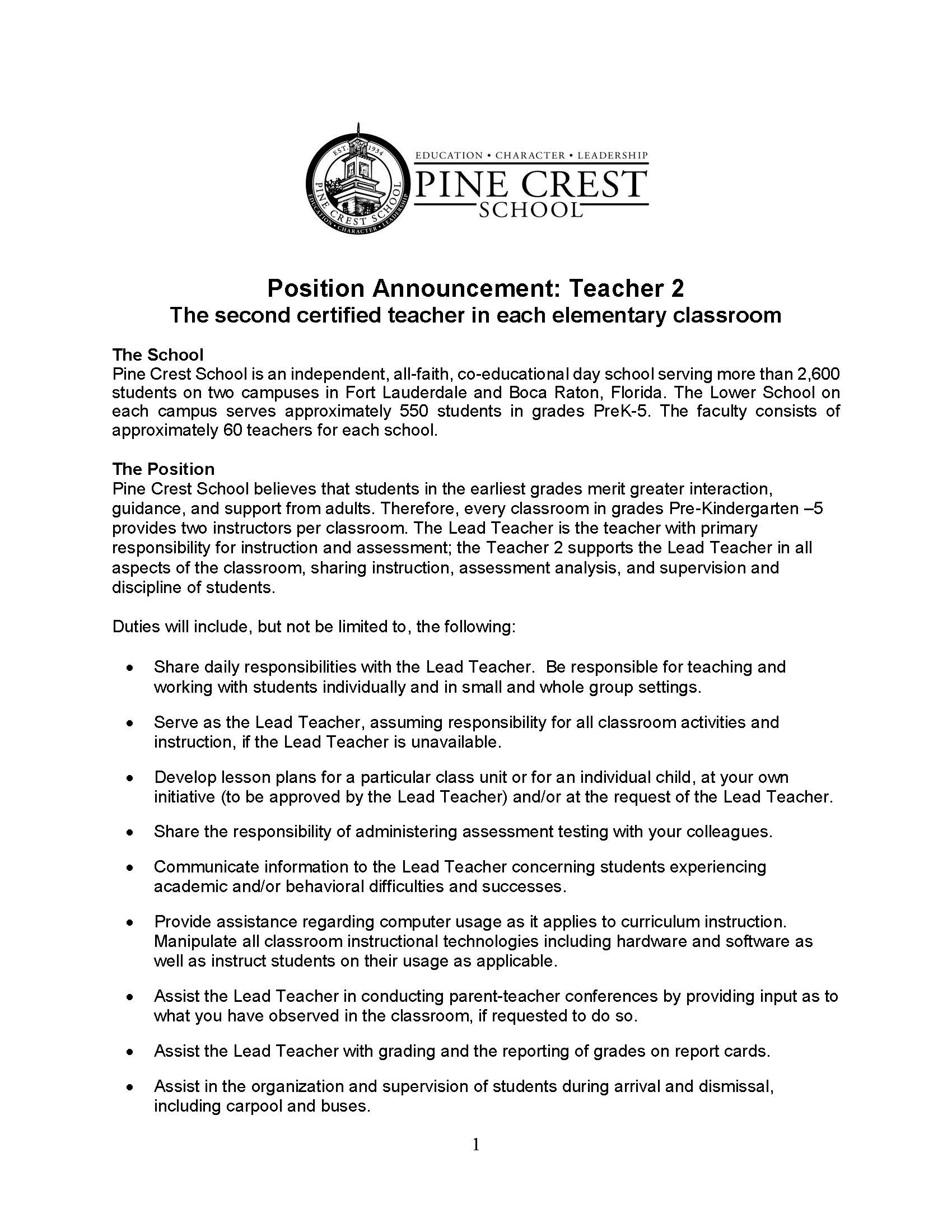 Pine Crest School - Position Announcement: Teacher 2
