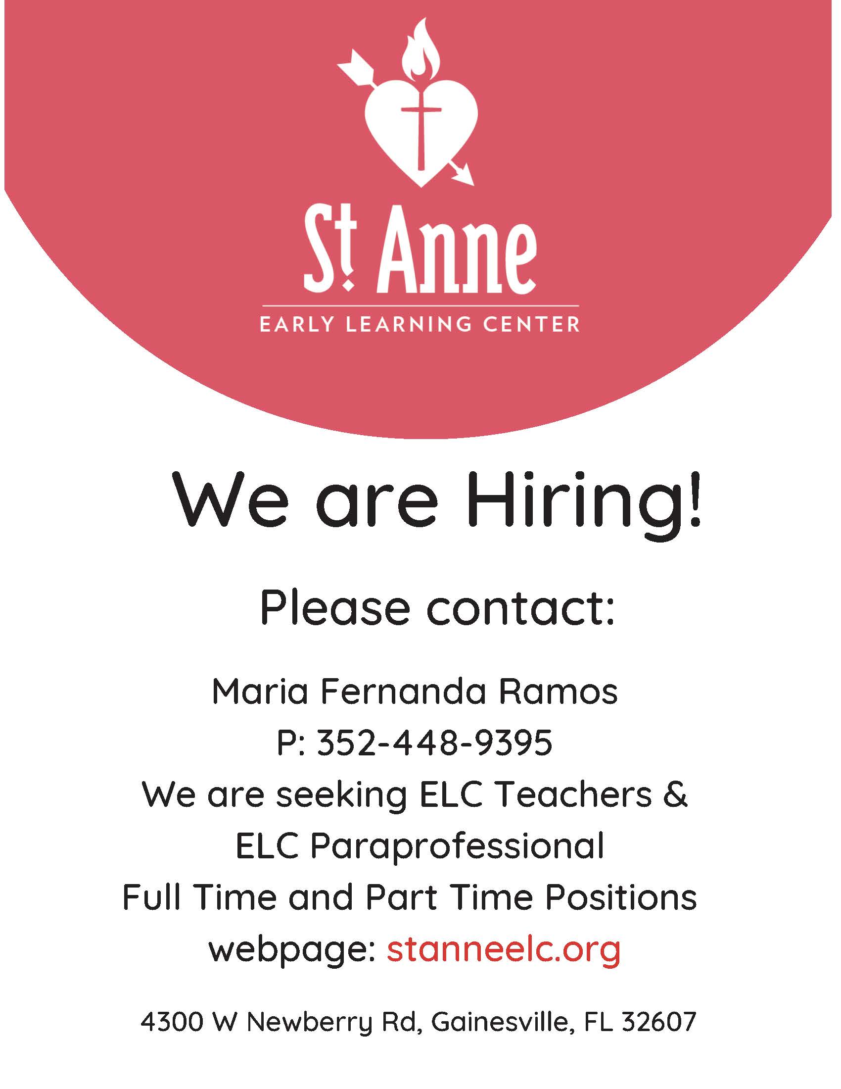 St Anne Early Learning Center - Hiring ELC Teachers & ELC Paraprofessional Full Time and Part Time 