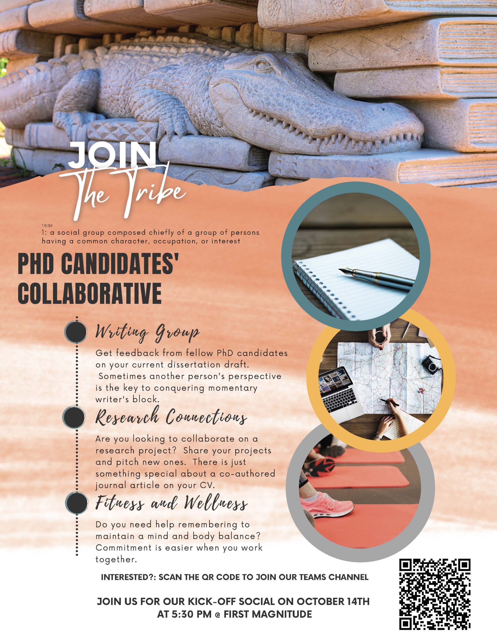 A flyer for the PhD Candidates' Collaborative. The flyer has a QR code on the bottom-right corner for joining the Teams channel.