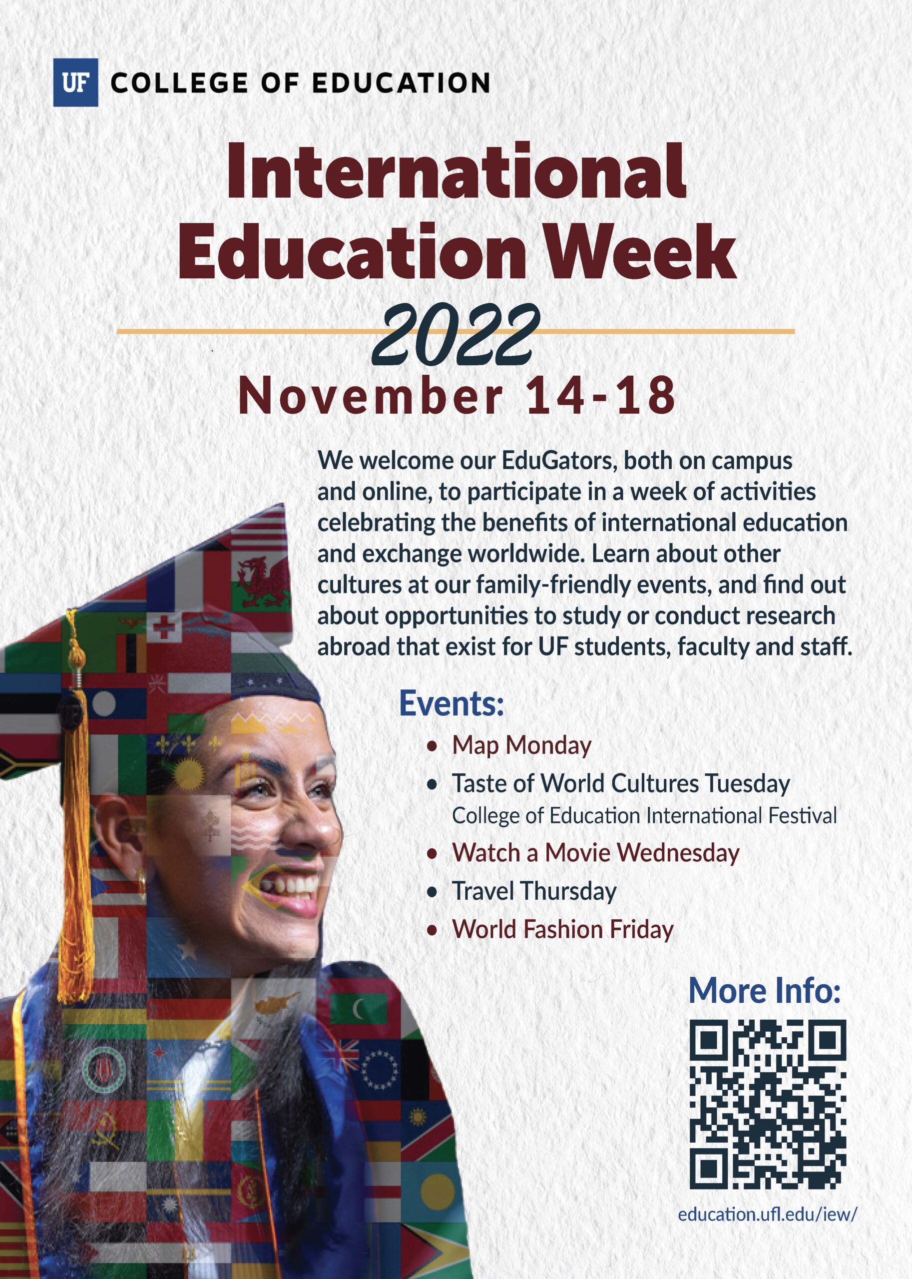 A flyer of Internation Education Week. The flyer has a QR code on the bottom right corner.