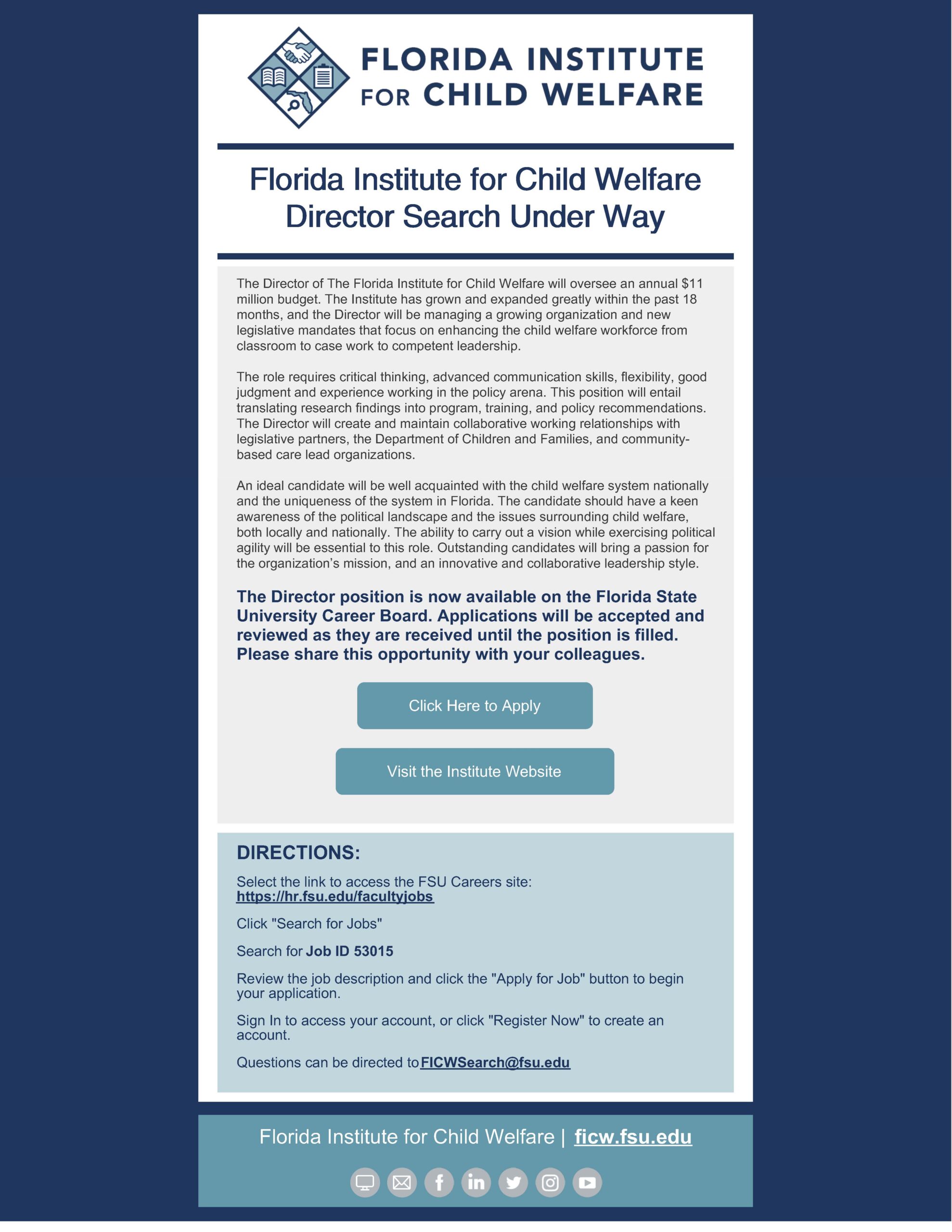 A flyer for Florida Institute of Child Welfare with directions to applying for the director position.