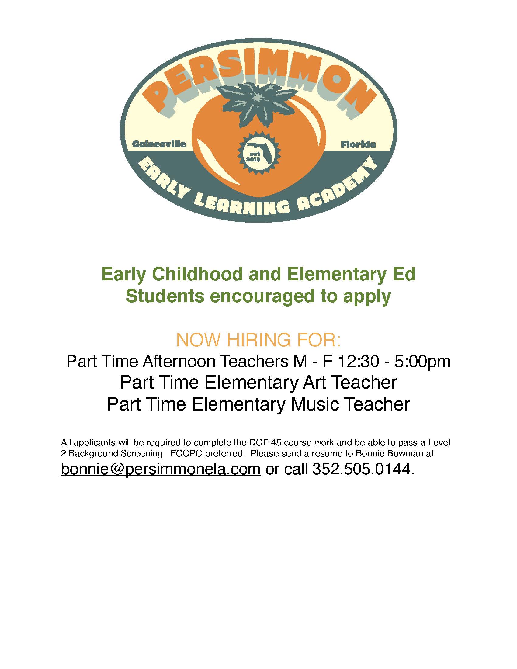 A flyer for part-time positions in Persimmon Early Learning Academy.