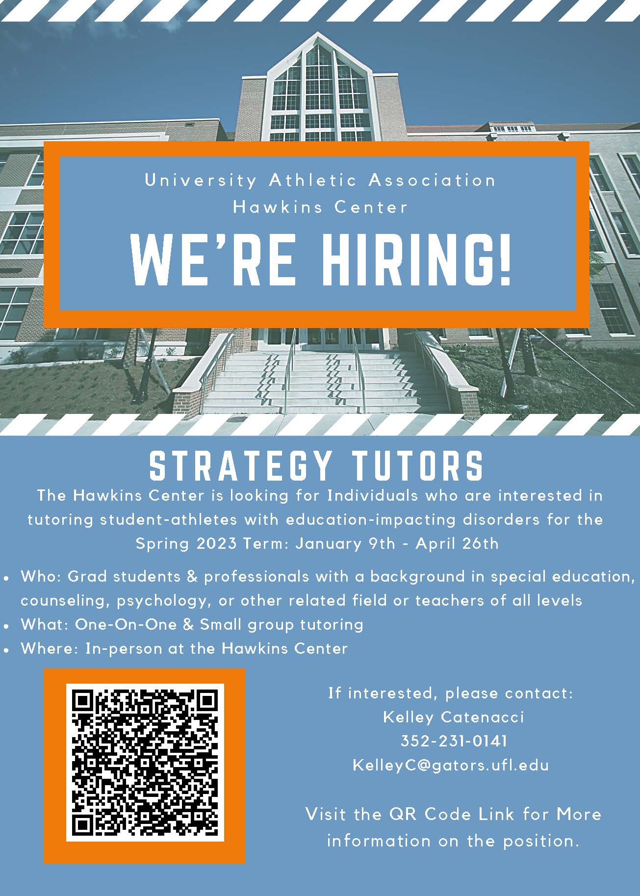A flyer for strategy tutors. The flyer has a QR code on the bottom left corner for more information about the position.