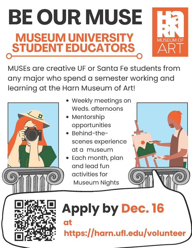 A flyer for MUSE program with a QR code to apply at the bottom left corner of the flyer.