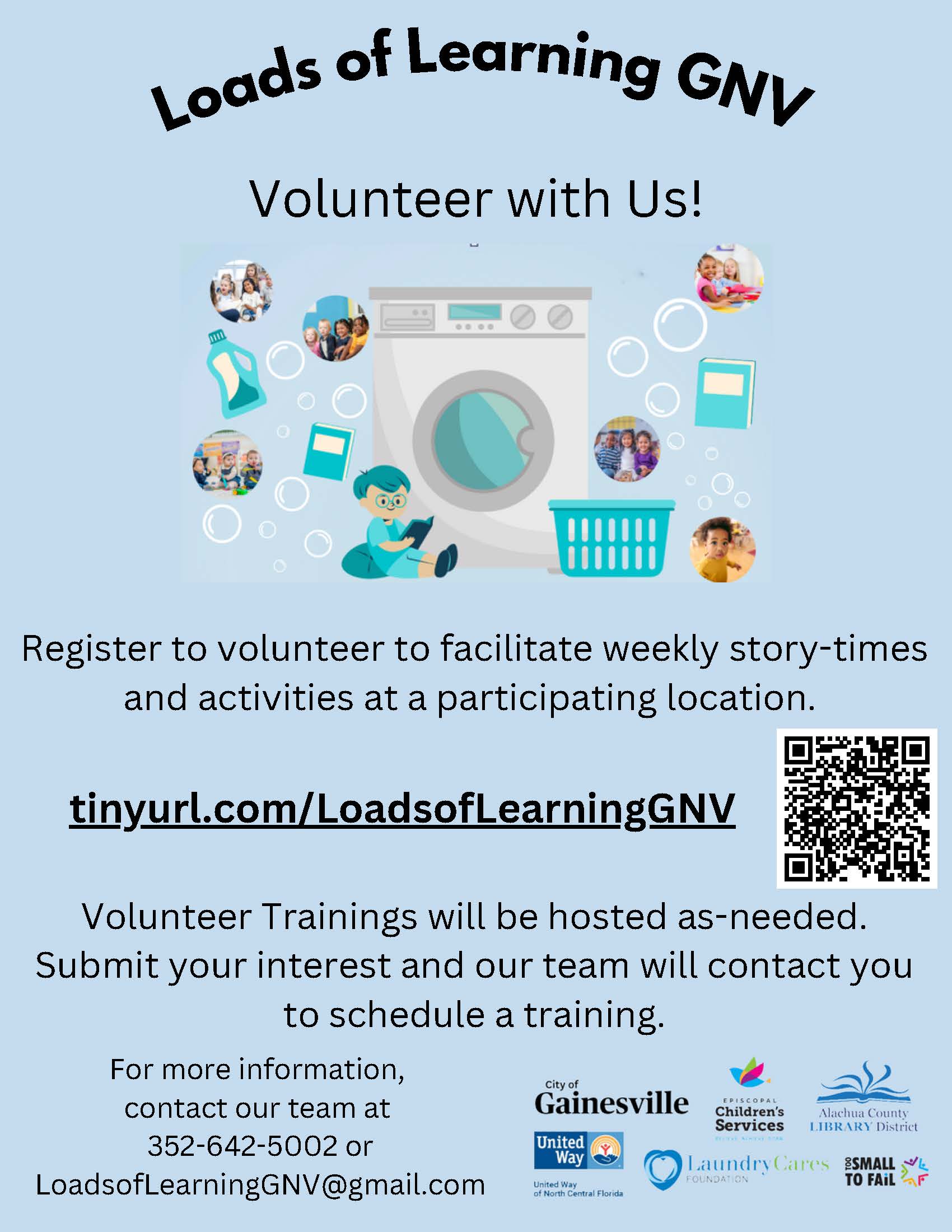 A flyer for the volunteering opportunity with a QR code on the center-right location on the flyer.