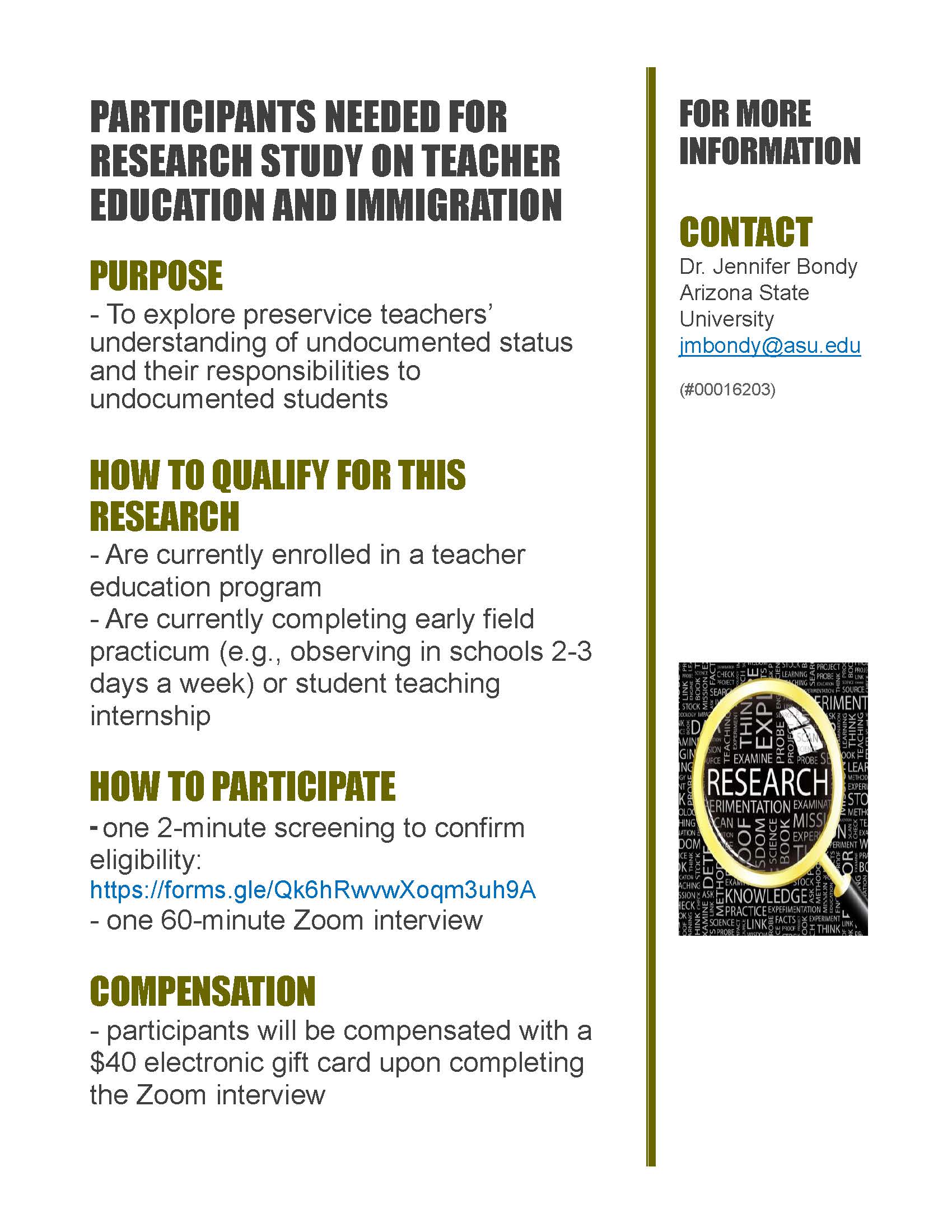 Flyer for the research study and a link to a form for participation. The flyer also has contact information.