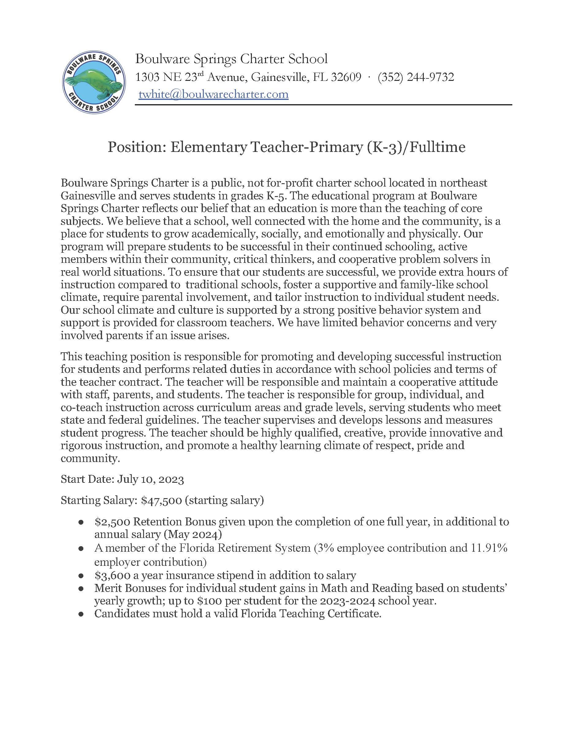 Elementary Teacher K 3 Job Description - Page 1