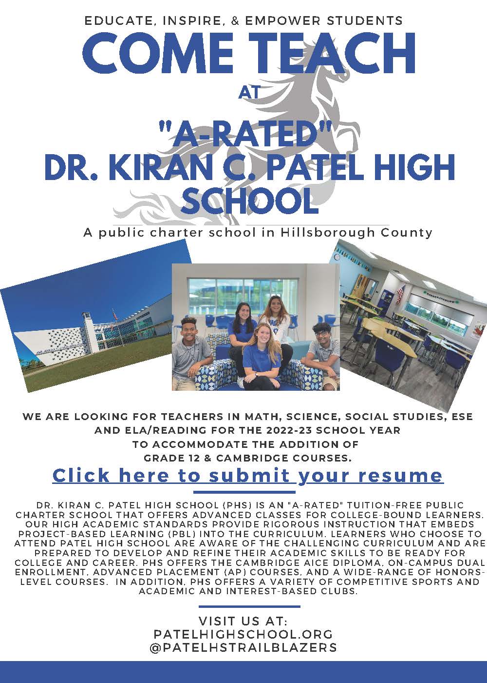 Teacher Recruitment Flyer - Come Teach at "A Rated Dr. Kiran C. Patel High School"