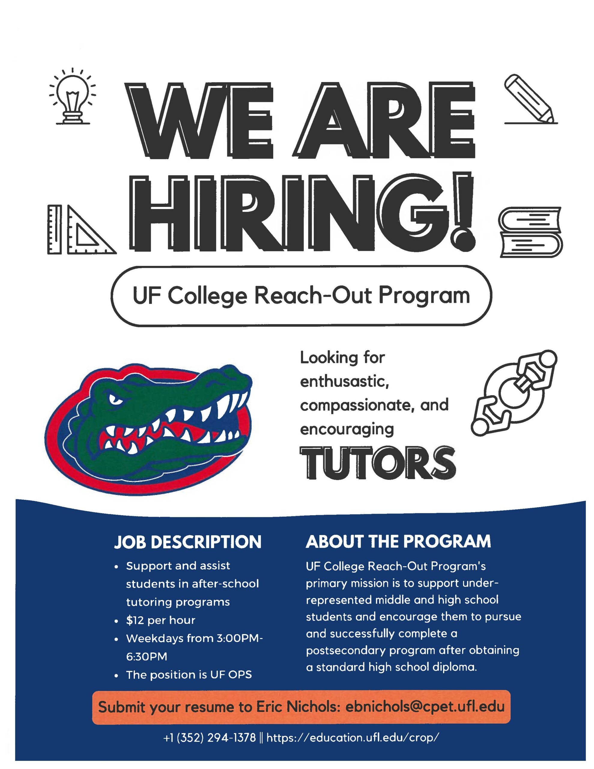 Flyer for tutor positions with job descriptions and an email for submitting the resume.