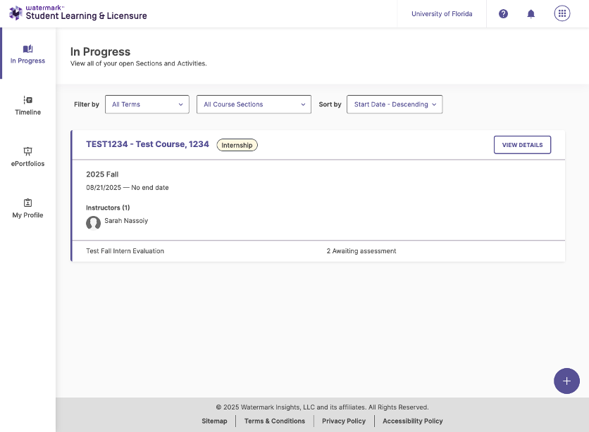 SLL In Progress page showing an assigned clinical experience, course title, placement dates, and course instructor.