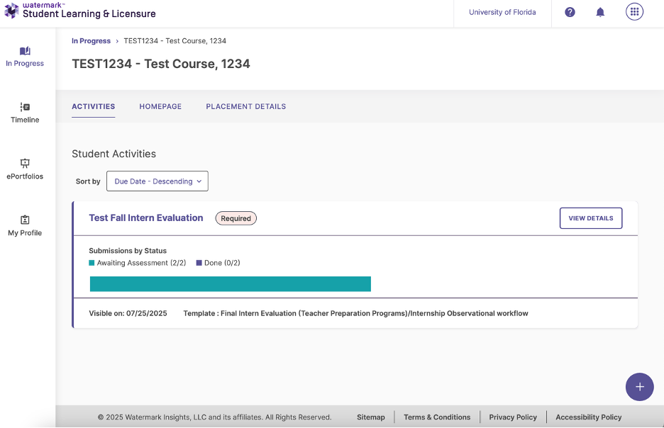 SLL Activities page showing the Test Fall Intern Evaluation activity.