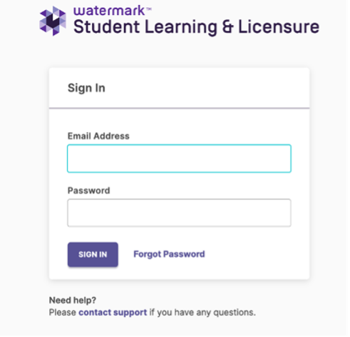 Student Learning & Licensure login screen with email and password fields and a Forgot Password link.