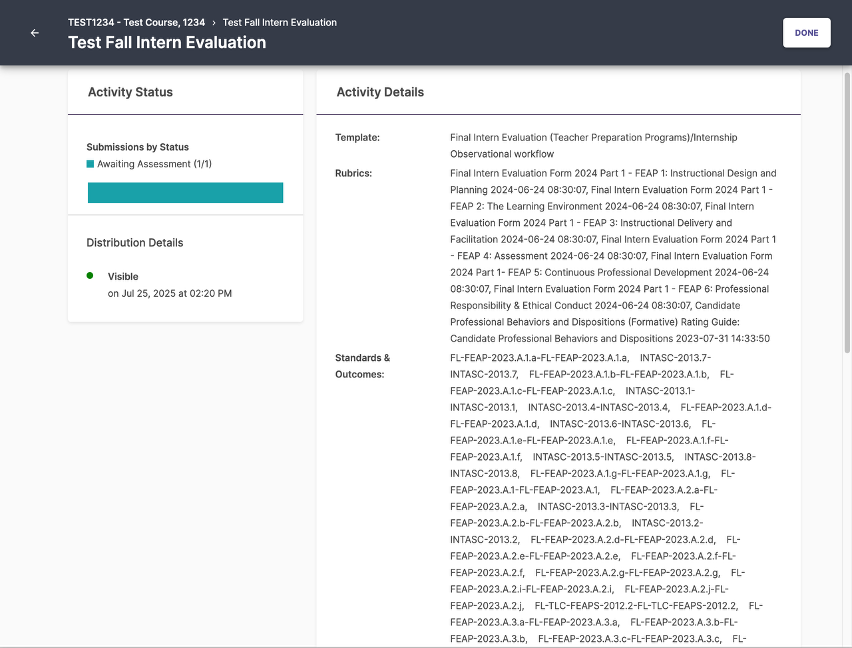 SLL activity details page showing the standards assessed by the evaluation.