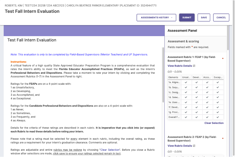 SLL evaluation page showing the Assessment Panel, a rubric labeled by UF Supervisor, and the Save and Submit buttons.