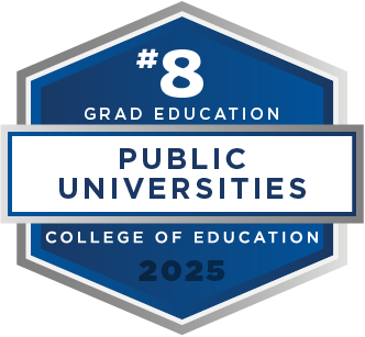 UF badge for being ranked number 8 among public colleges of education by US News and World Report
